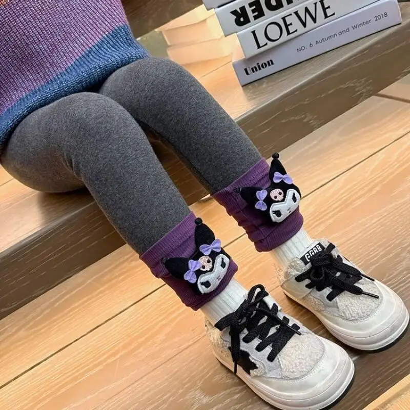 

Sanrio Kuromi Girls Fleece Lined Thick Knit Socks Pants Elastic Slim Warm Leggings Versatile Autumn Winter Outfit Cute Kawaii