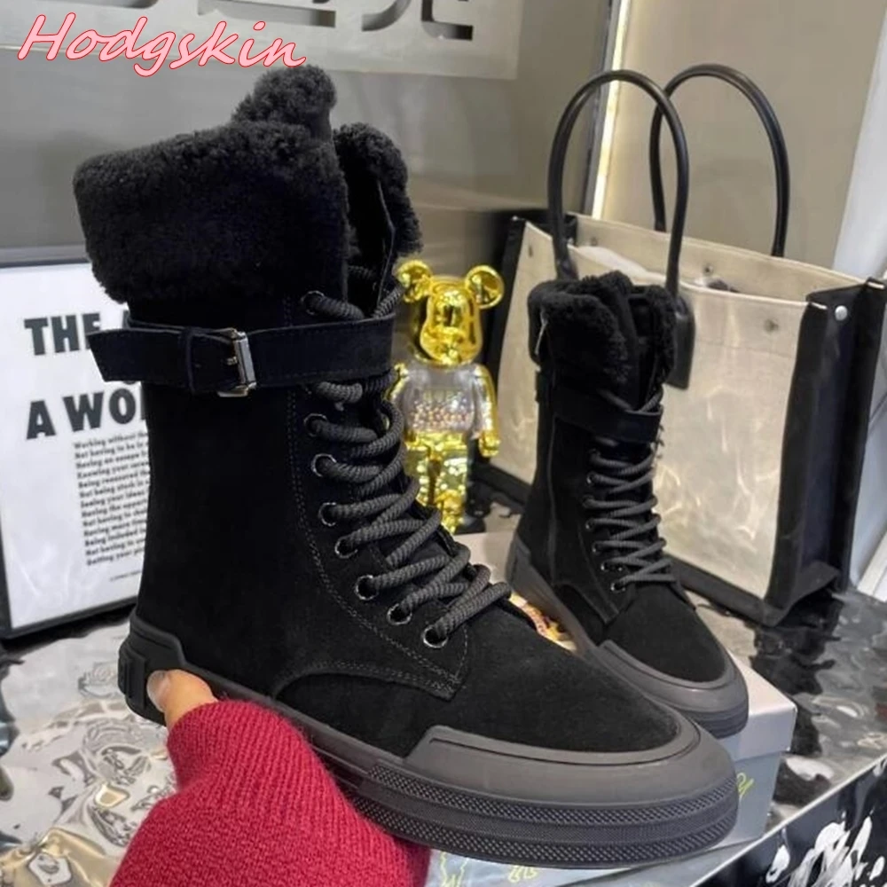 

2024 One Word Belt Metal Buckle Short Boots Winter Round Toe Lace Up Warm Fur Women Boots Retro Casual Fashion Snow Cotton Boots