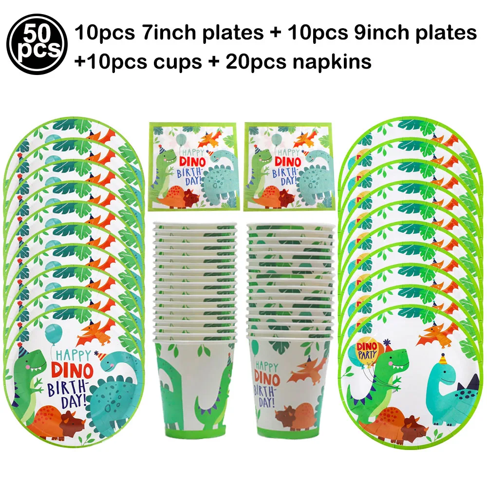 Cartoon Dinosaur Theme Disposable Tableware Tablecloth Kids Baby Shower Jungle Safari Birthday Party Decor Supplies