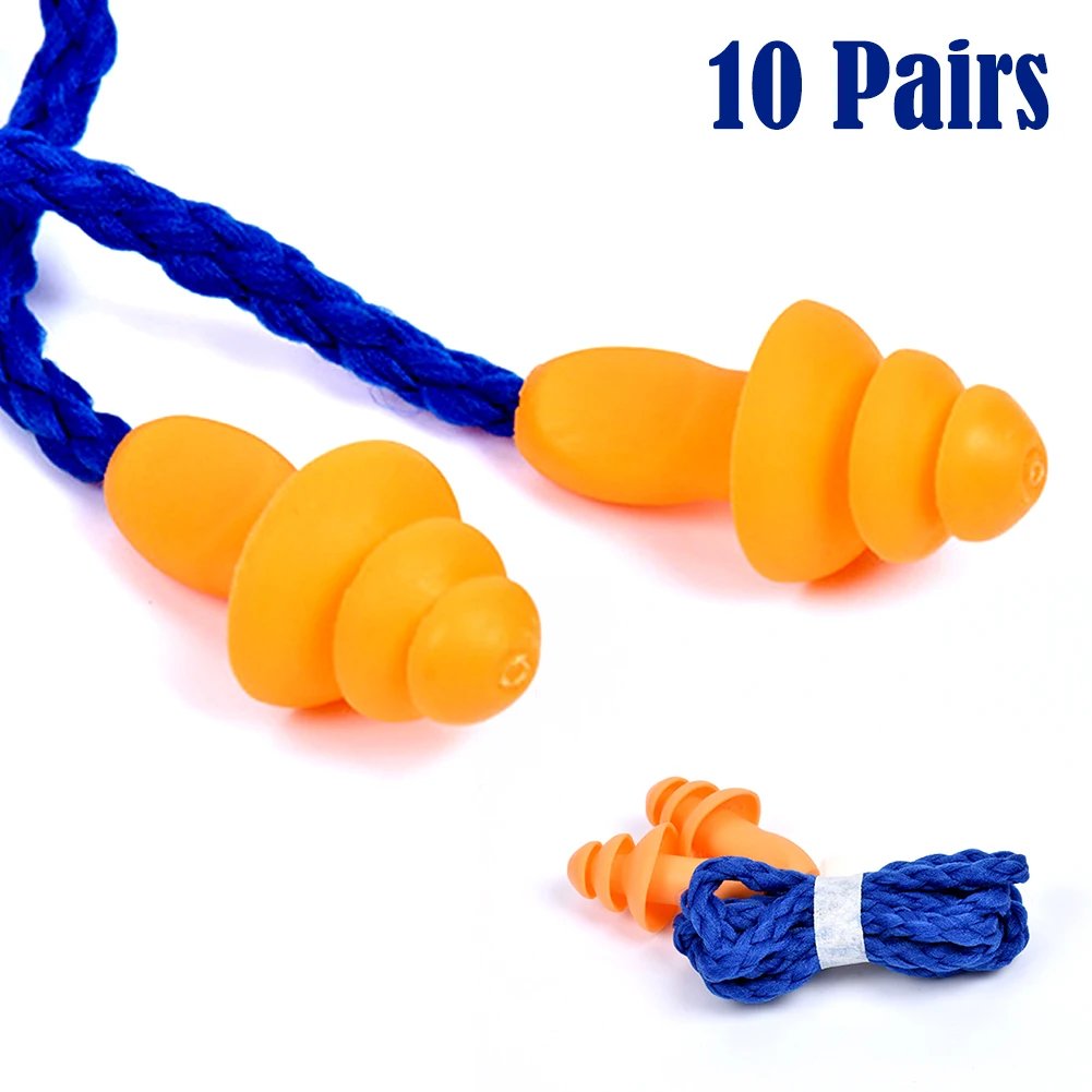 10 Pairs Soft Silicone Corded Ear Plug Protector Reusable Hear Protection Noise Reduction Safe Work Comfortable Earplugs Earmuff