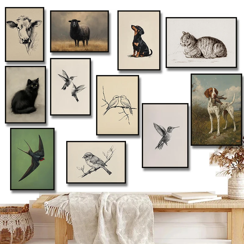 1Pc Frameless Swallow Bird Black Sheep Hummingbird Cow Sketch Black Cat Poster Canvas Painting Print Wall Art Picture Farmhou