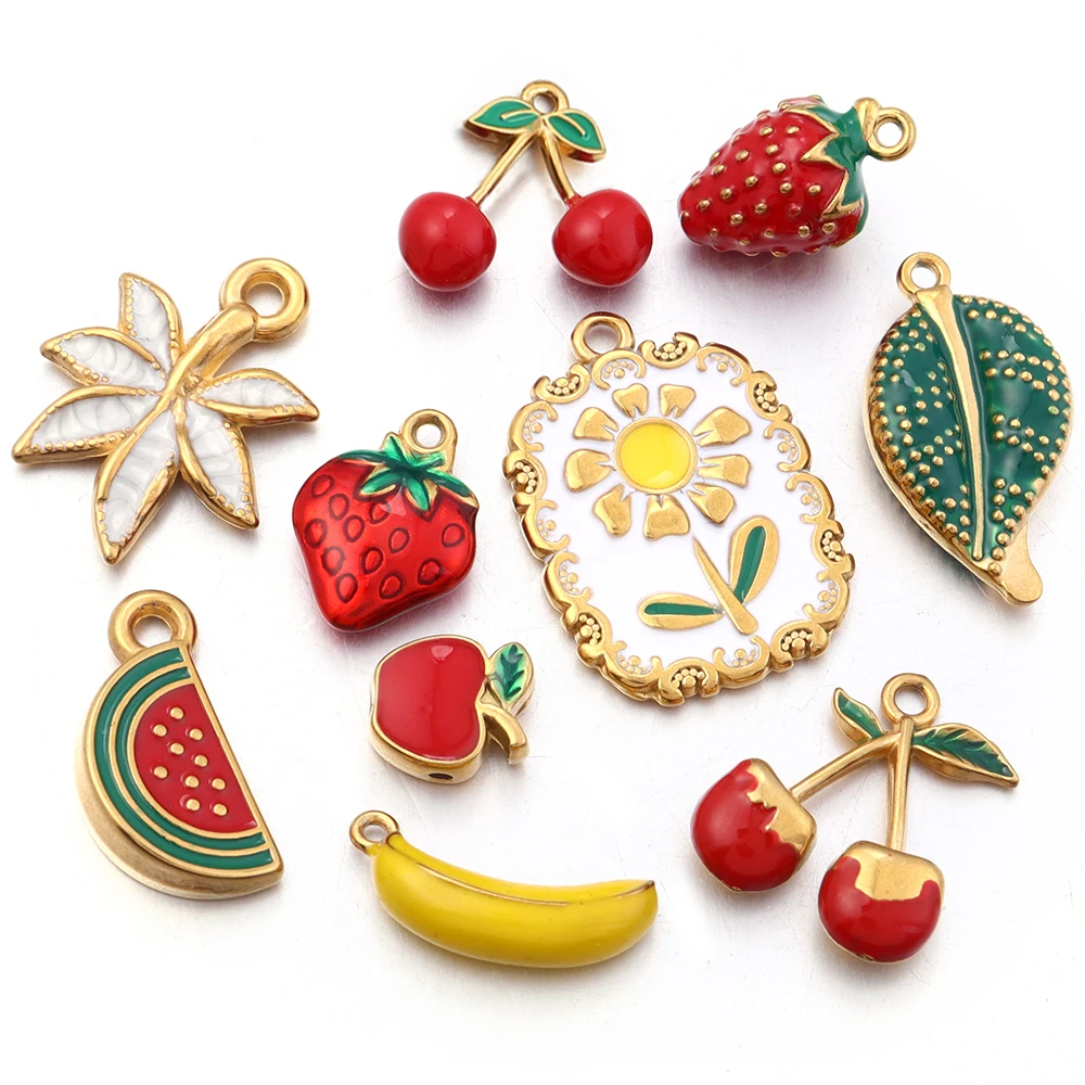 2 Stück Edelstahl-Emaille-Anhänger, Niedliche Erdbeer-, Kirsch-, Frucht-, Blumen- und Blatt-Charms für DIY Halsketten, Armbänder und Schmuckherstellung