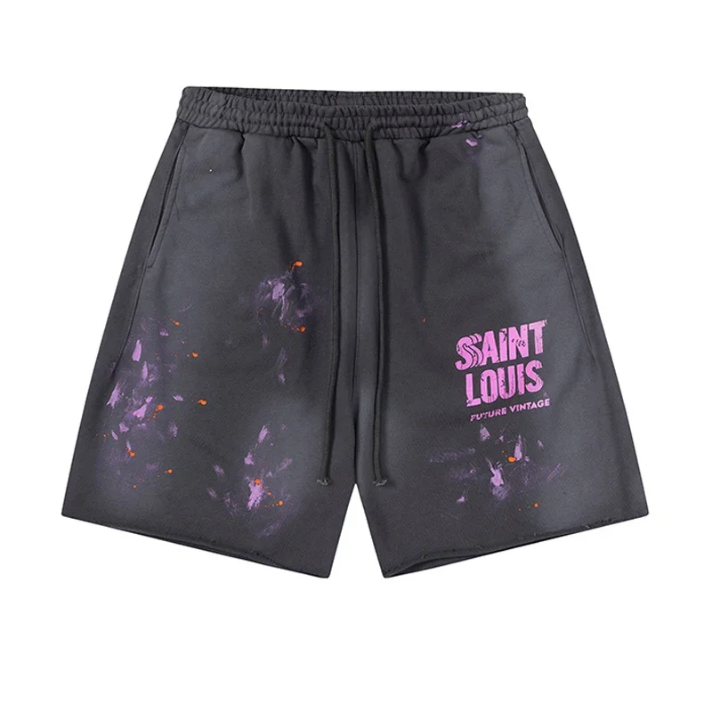 Splashing Ink Graffiti LOGO Printing SAINT Shorts Men Woman Wash Vintage Pocket Drawstring Trend Loose Breeches