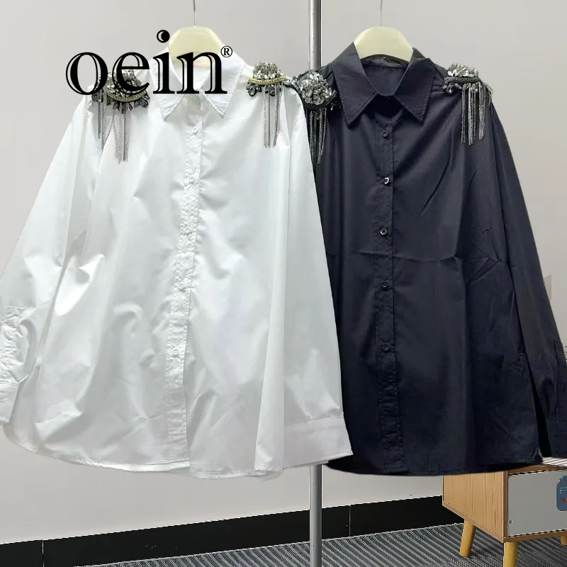 

[oein] Internet Celebrity, Same Style, New Niche Style, Shoulder Hot Diamond Pattern, Heavy-duty Loose Fitting Shirt, For Women