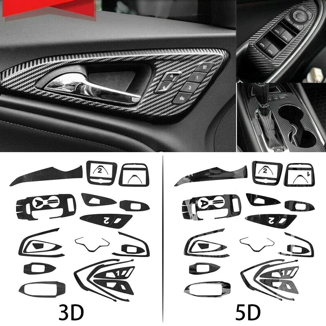 3D/5D Black Car Interior Door Handle Gear Panel Sticker Carbon Fiber Style LHD Fit for Chevrolet Malibu 2016 2017 2018 2019