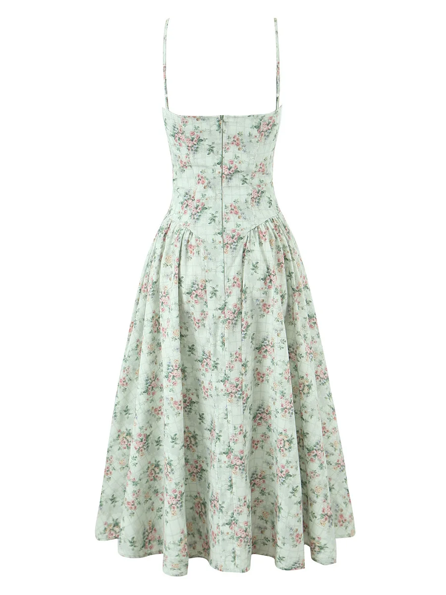 スリムフィットスチールリングウエストバンド花柄プリントスクエアネックストラップドレスレディースホリデースタイルミディ丈ドレスハイウエストサマー