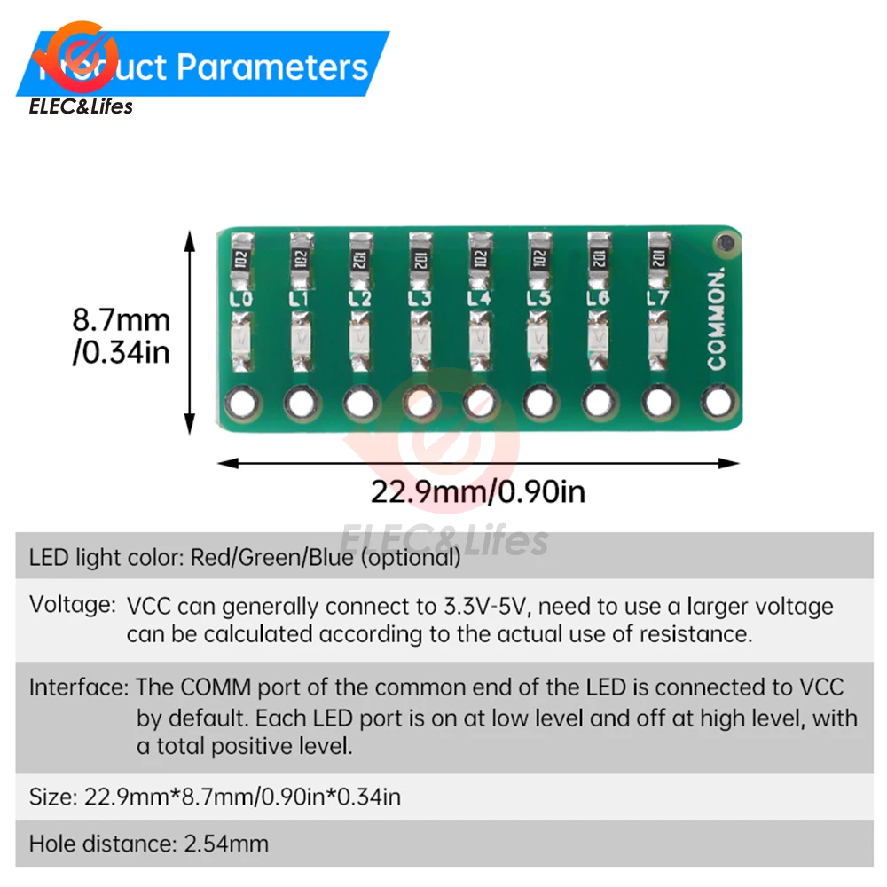 5pcs 8-section LED port test lights LED indicator lights flowing light modules For STM32 STC51 AVR PIC Arduino DC 3.3V-5V