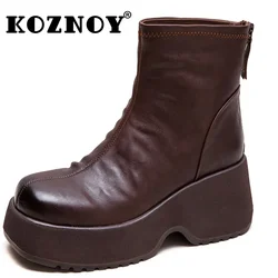 Koznoy 6.5cm krowa oryginalne skórzane botki jesienne modne buty wiosenne mokasyny ZIP motocyklowe kominowe damskie buty damskie