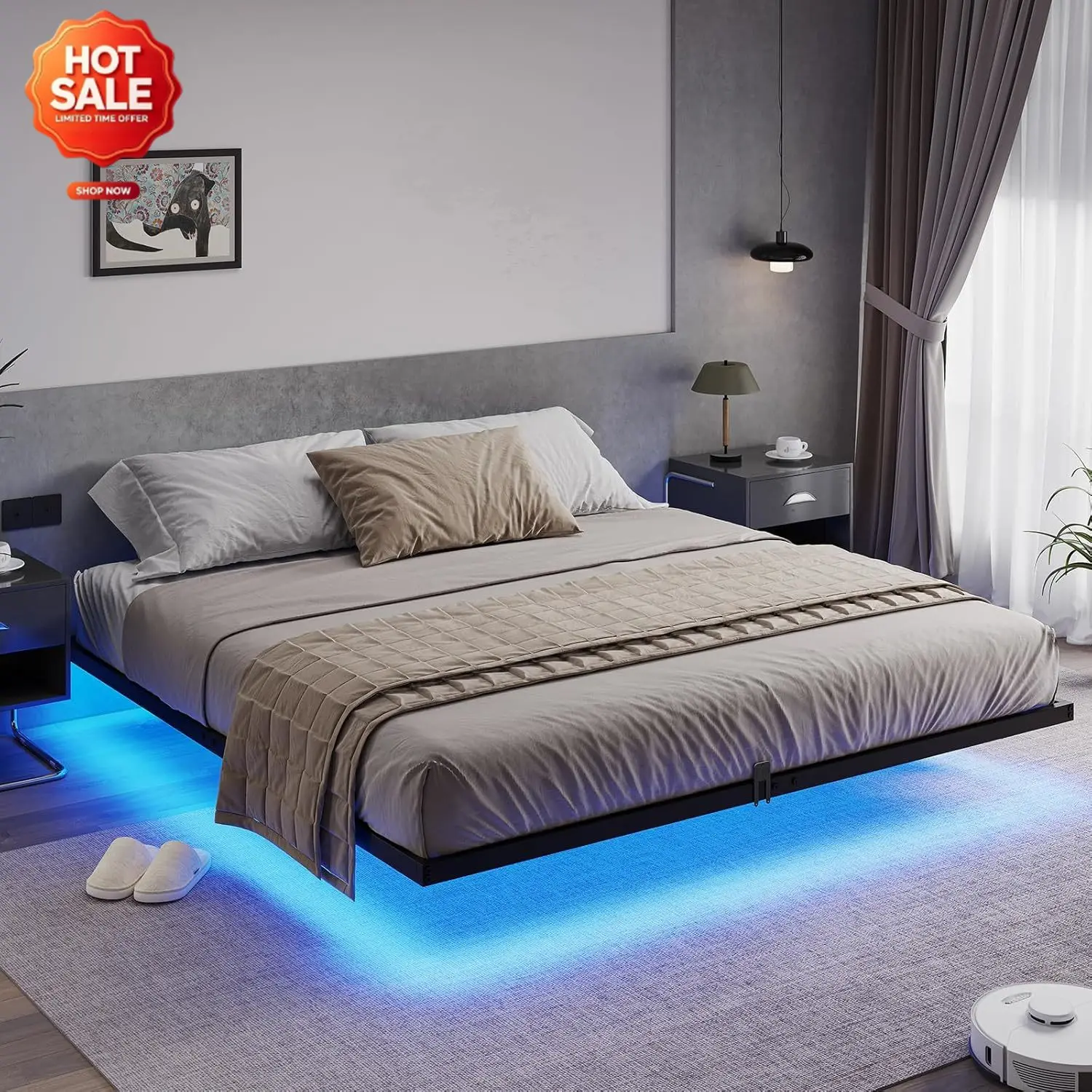 Floating Bed Frame King Size with LED Lights, Metal Platform King Bed, No Box Spring Needed, Easy to Assemble (King)