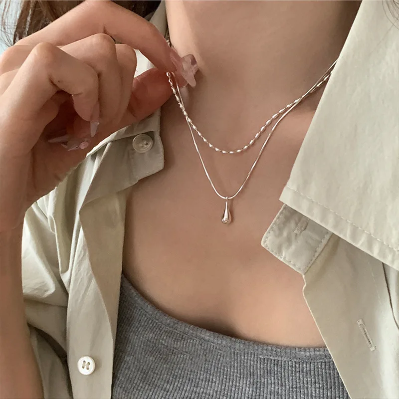 LATS Silver Color Simple Design Long Drop Pendant Necklace for Women Double-layered Clavicle Chain Fashion Jewelry Gifts