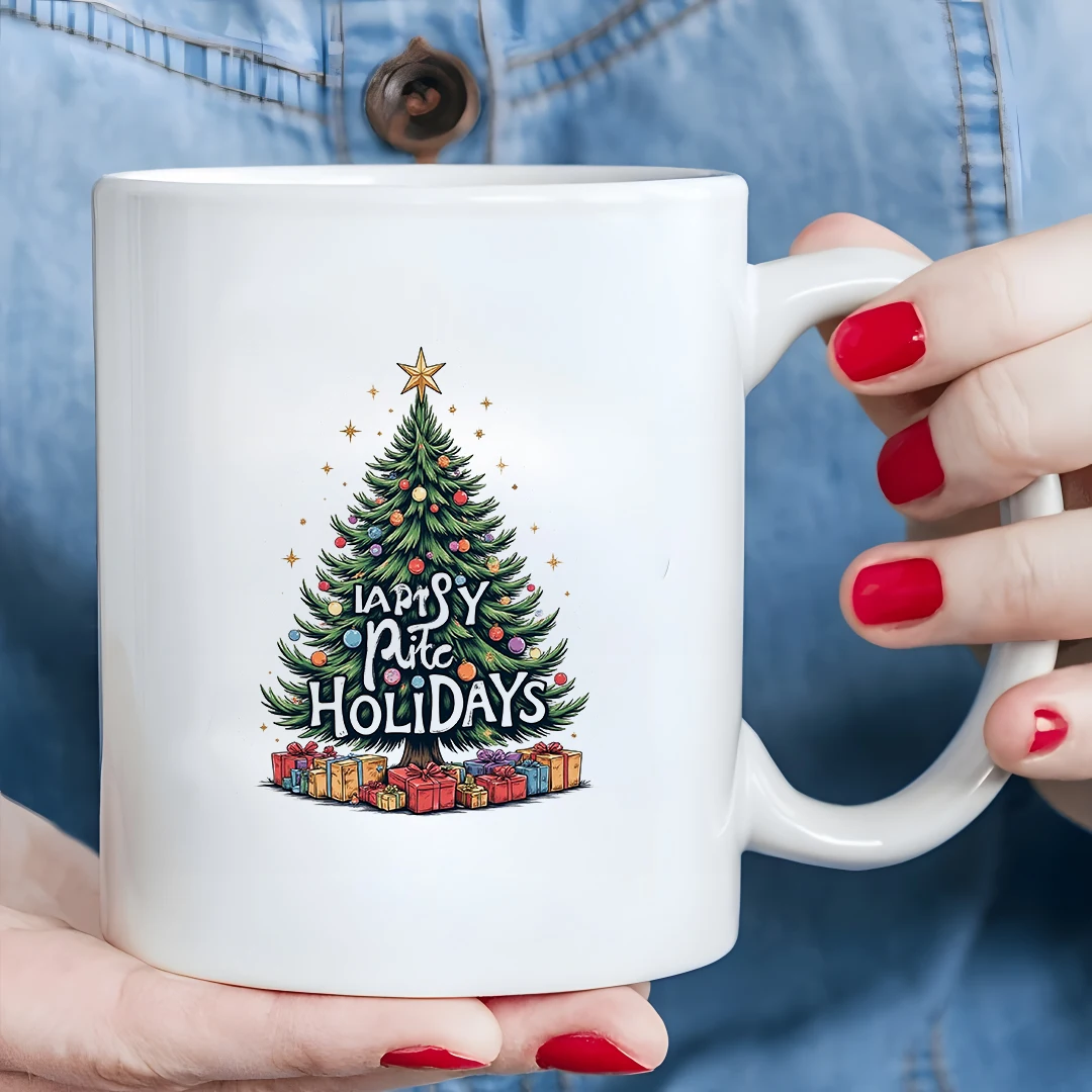 Tazza da 11 once + albero di Natale dei cartoni animati + decorazioni colorate Regalo di Natale Bottiglia d'acqua per bambini Tazza da caffè per ufficio familiare