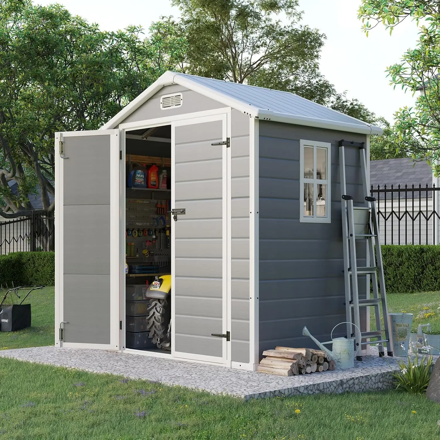 5.5 x 4.4 ft Resin Storage Shed with Floor, Outdoor Storage Tool Shed with Window, Vents, and Stainless Steel Cores, Grey