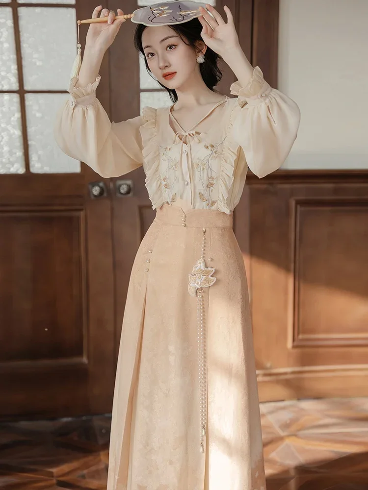 Chinese Stijl Vintage 2 Delige Set Vrouwen Strik V-Hals Met Ruches Geborduurd Shirt + Kralen Retro Rok Pak Lente Hanfu + Accessoires