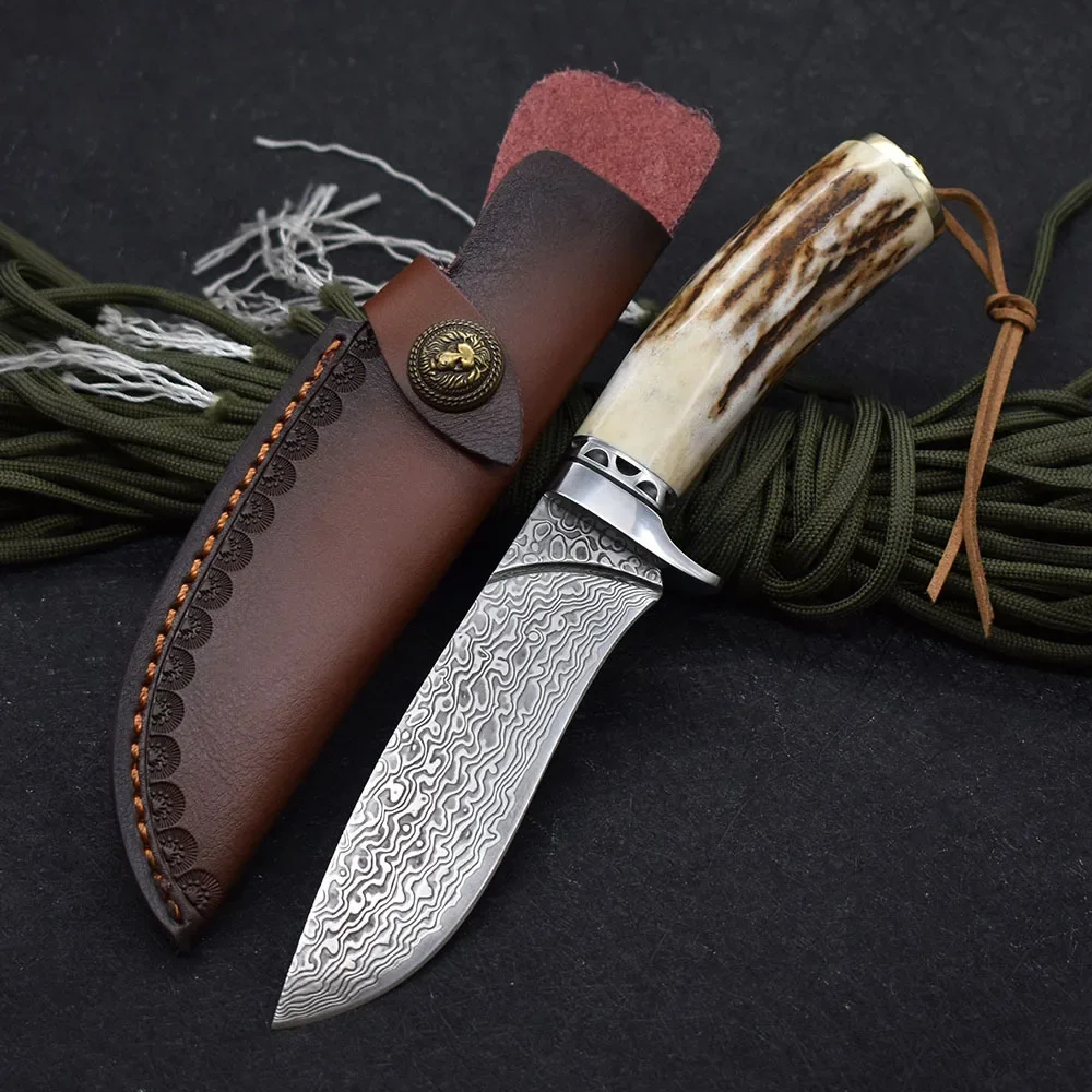 Damascus Steel Outdoor Camping Survival Straight Knife Deer Horn Handle Hunting Fixed Blades Knife Self Defense Tool with Case