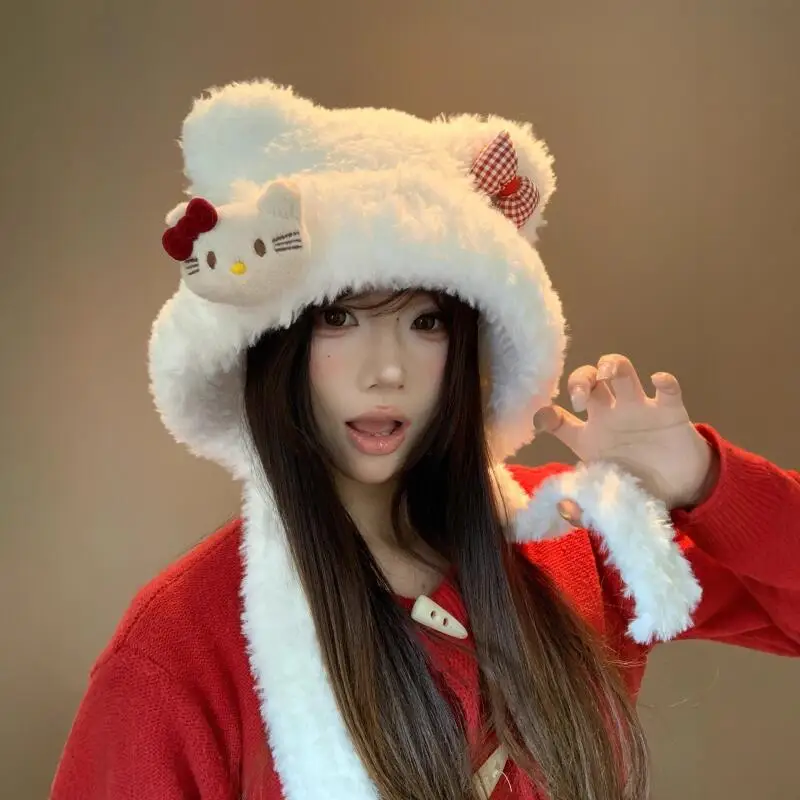 Kawaii Hello Kitty Plush Hat Sanrio Cute Girls Winter Sweet Thicken Warm Soft Hat Cartoon Fashion Bow Tie Hat Christmas Gift