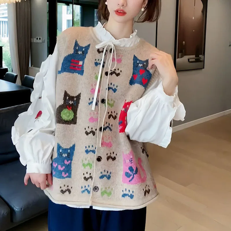 Cute Cartoon Cat Women Sweater Vest Vintage O Neck Knitwear Sleeveless Jackets Female Casual Button Women Waistcoat autumn