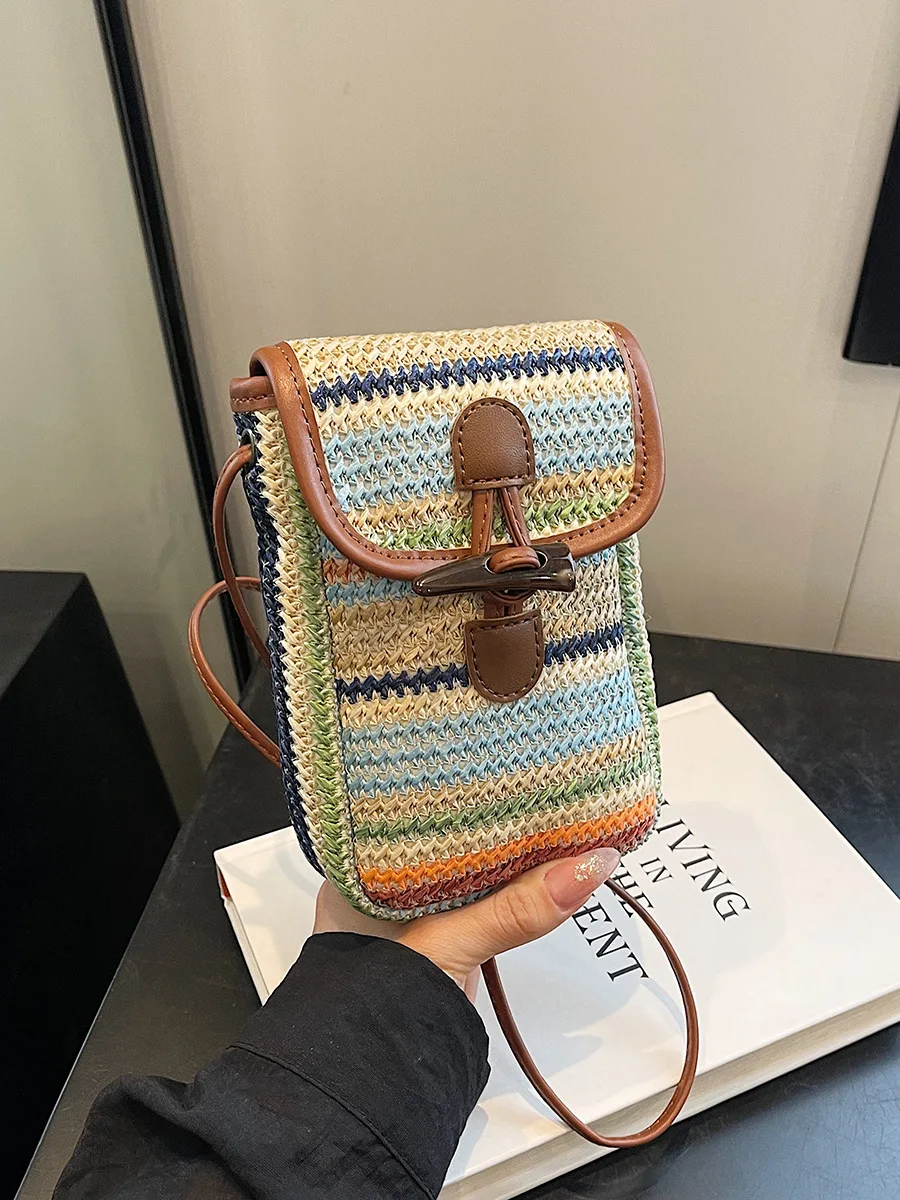 Women 2026 Woven Mini Phone Crossbody Bag Horn Buckle Shoulder Purse Boho Beach Striped Handbag Multi Color Summer Travel Pouch