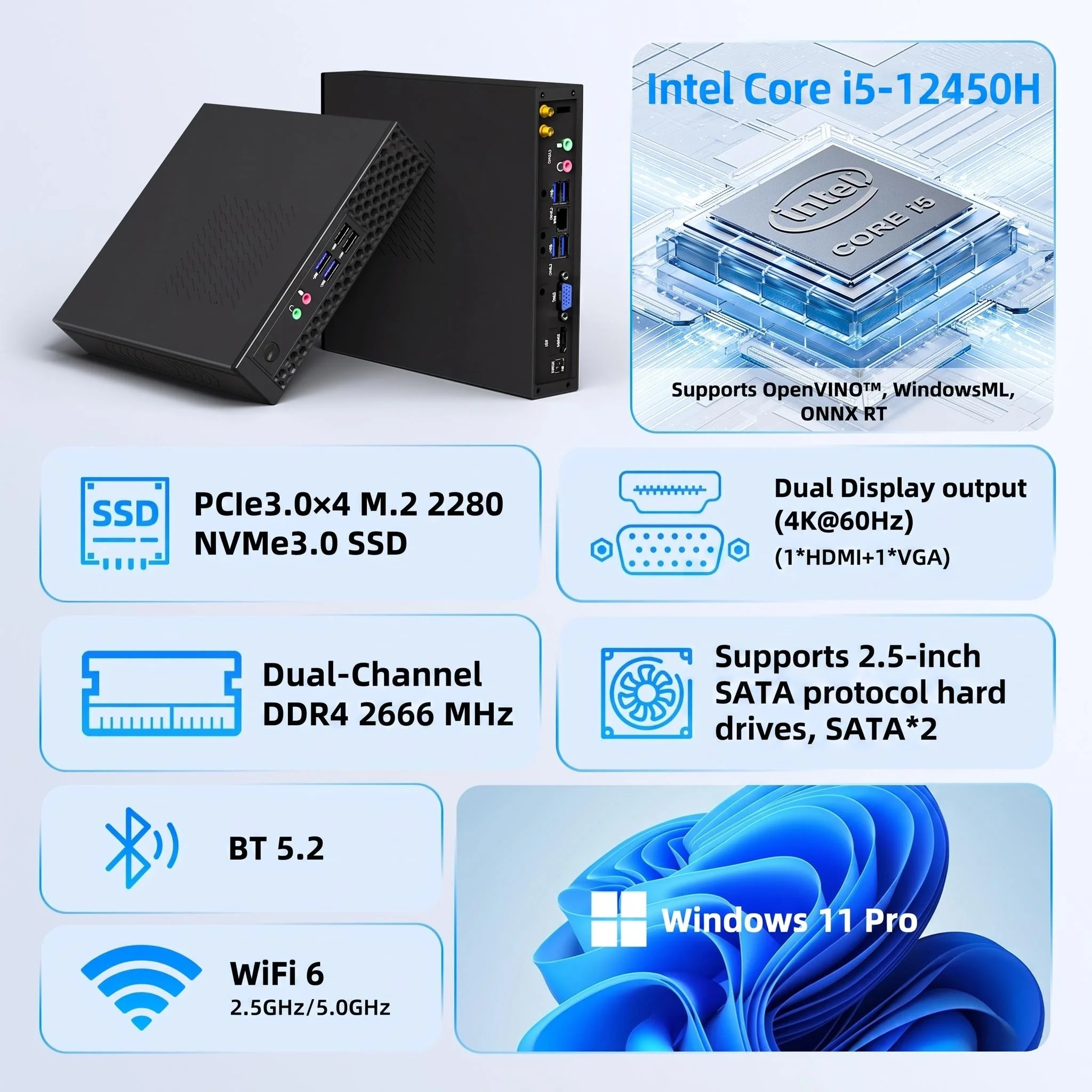 Texhoo MINI PC Intel Core i5 12450H/13500H 4.4GHz 16G DDR4 512G SSD Win 11 Desktop Mini Computers WIFI6 BT5.2 Dual 4k Display