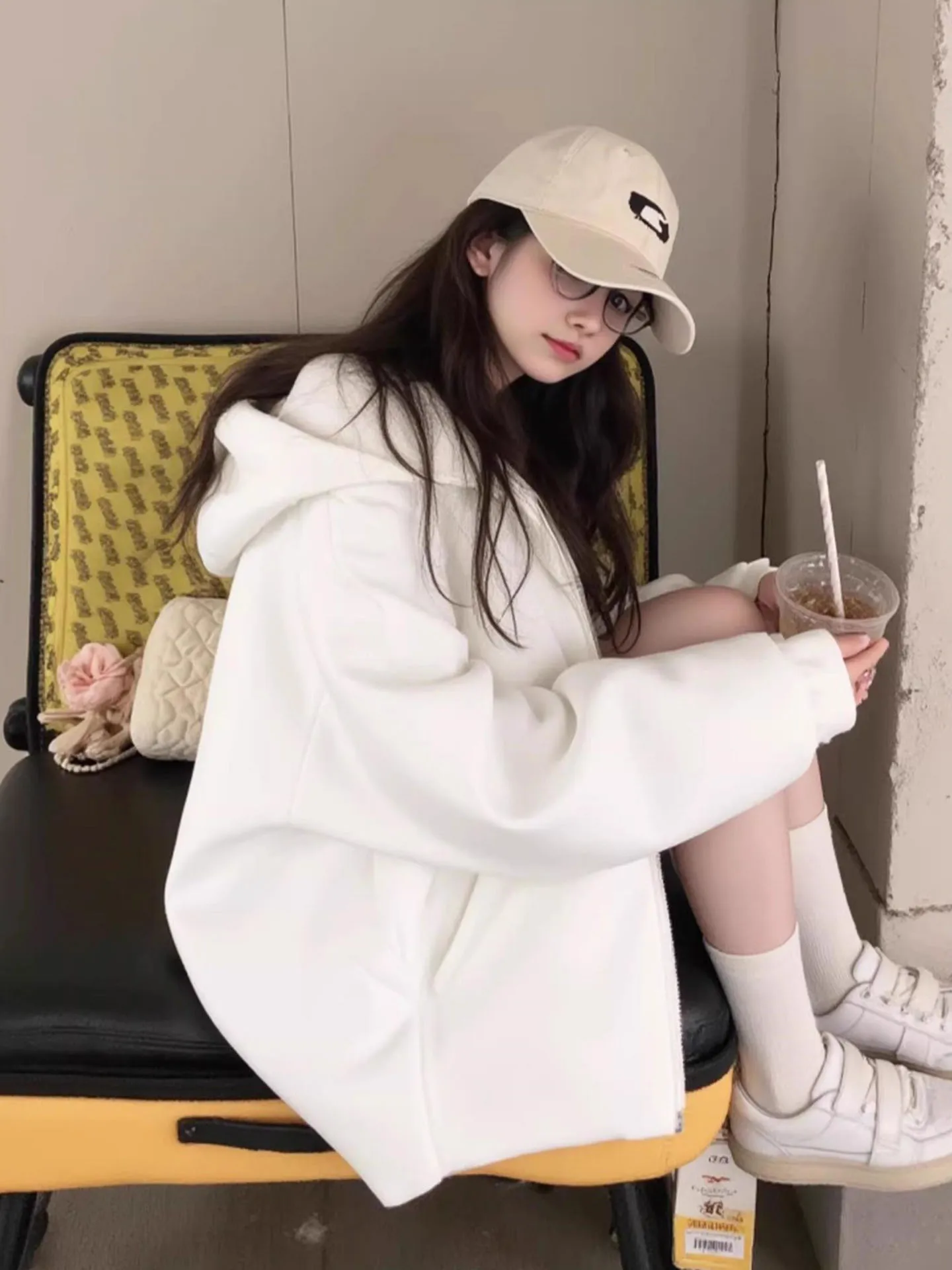 

Hooded Zipper Thiened Fce Women's Sweatirt White Loose Cardigan Outerwear Autumn Winter Faion Casual Streetwear