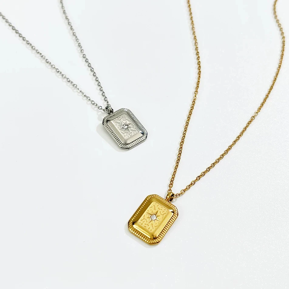 Peri'sBox Vintage Geometric CZ Stones Charm Necklaces For Women Titanium Steel Zircon Polaris Square Pendant Necklace