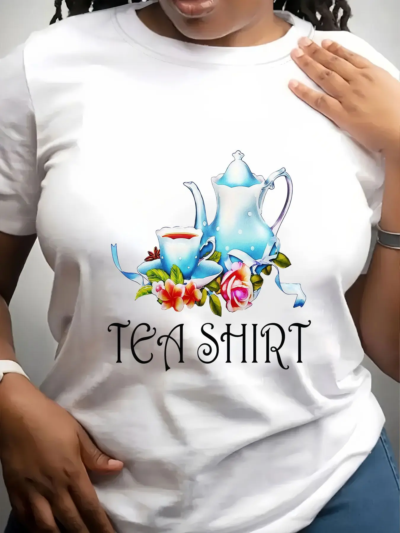 Women's Trendy Crew Neck T-Shirt Tea Pot and Floral Design Suitable for Casual Sportswear