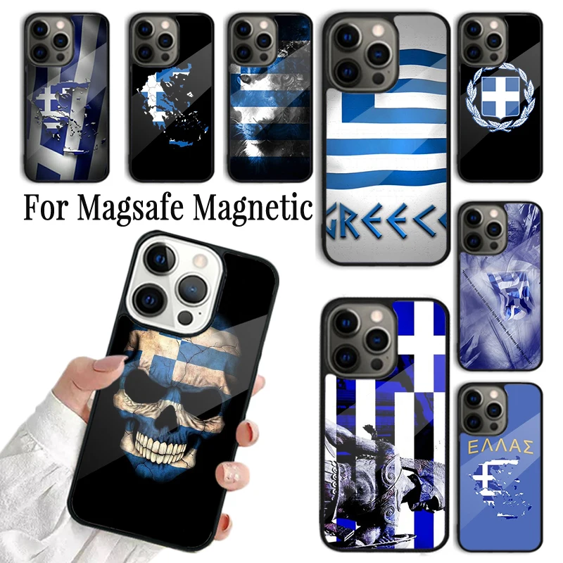 Coque Phone Case For iPhone 16 15 14 13 12 Mini 11 Pro Max Plus Magsafe Magnetic Wireless Charging Cover Greek Greece Flag