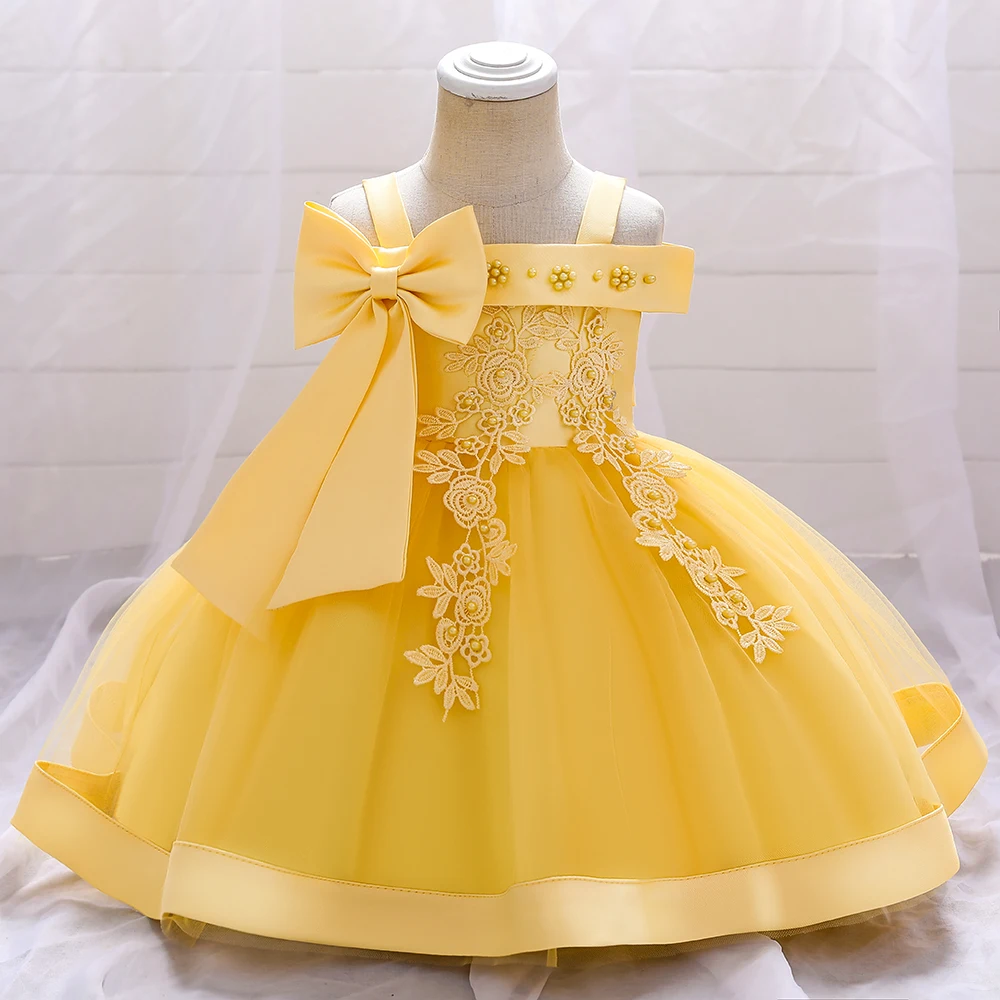 Flower 1 Yrs Birthday Party Dress For Baby Girl One Shoulder Bow Baptism Princess Girls Dresses Wedding Ceremony Summer Clothing