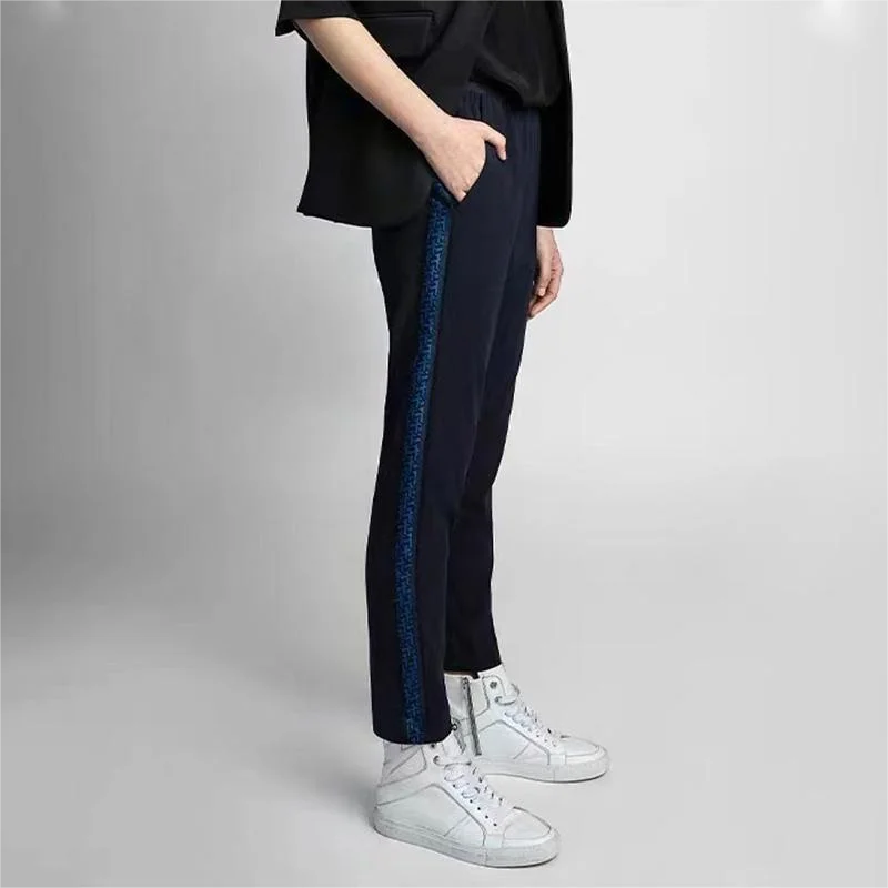 

Zadig Women Trousers Summer Elastic Waist Casual Black Pants Female New Fashion Patchwork Cool Webbing Nine Pant