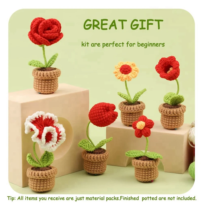 Complete Crochet Kit Spare Parts For Beginners,6 Pcs Crochet Potted Flowers Kit With Step-By-Step Instructions Video Tutorials