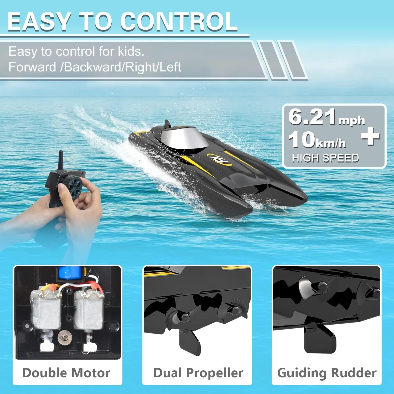 Dual electric high-speed remote control boat with a 24GHz radio controller, capable of speeds up to 16.21 mph (10 km/h)