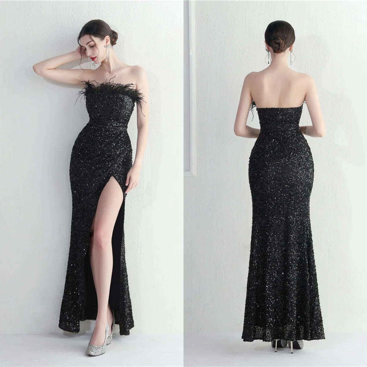 

Evening Dress Black Sequins Stretchy Strapless Feather Pleat Zipper Mermaid Trumpet Floor Length Slit Women Party Formal Gowns