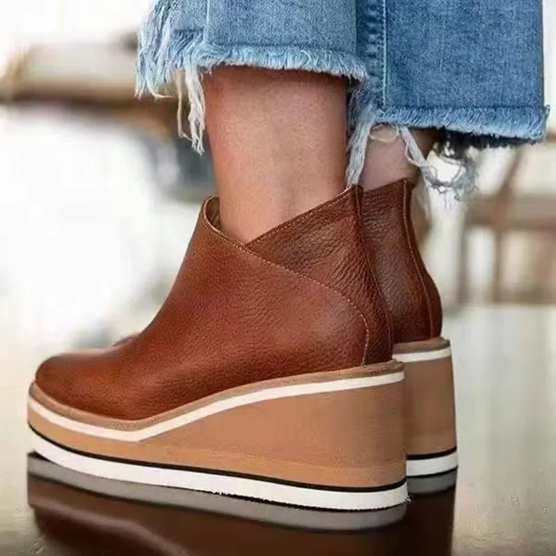 Ankle Women\'s Boots Retro Trend Round Toe Platform Wedges Boots Female Comfortable Zipper Leather Shoes for Women Zapatos Mujer