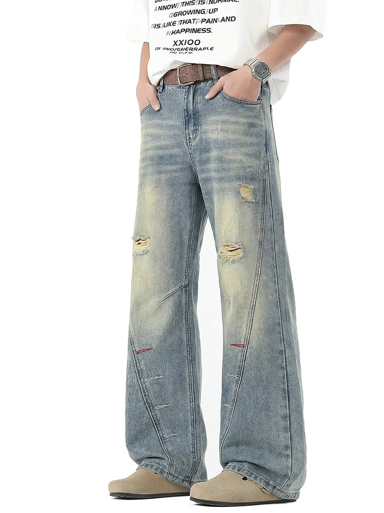 

KSTUN Men's Distressed Jeans Loose Straight Leg Vintage Ripped Denim Pants Elastic Waist Streetwear Trousers Colorful Stitching