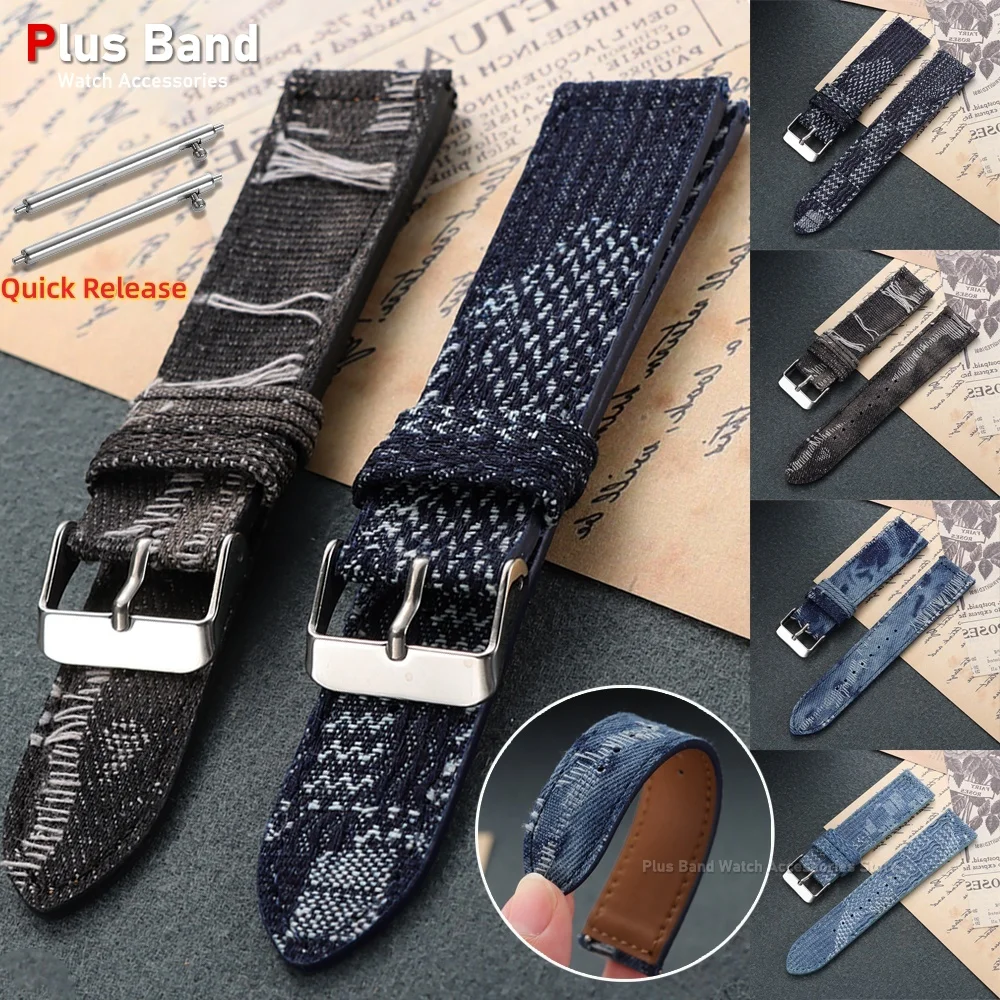 Distressed Washed Denim Watch Band 18mm 20mm 22mm Quick Release Retro Frayed Style Fabric Strap for Seiko for Omega Bracelet