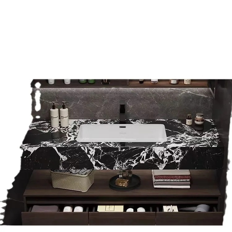 

High end, rock slab countertops, seamless integration, bathroom cabinet combination, bathroom washbasin, simple