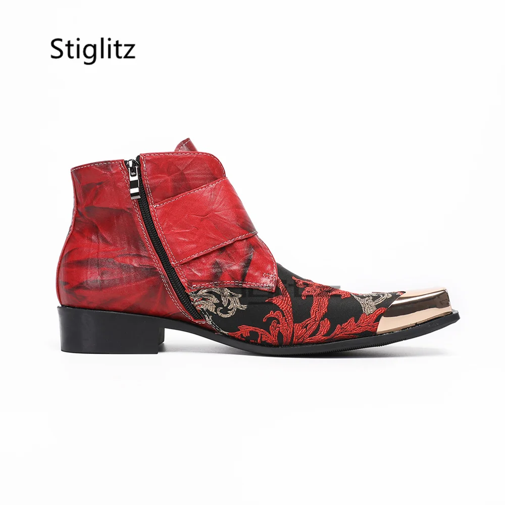 Gold Square Toe Embroidered Ankle Boots for Men Red Genuine Leather Patchwork Belt Buckle Chelsea Short Boots Male Wedding Shoes