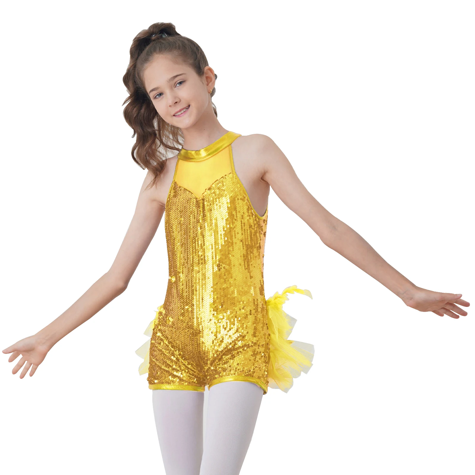 

Kids Girls Ballet Short Jumpsuit Sleeveless Hollow Back Sequins Ballet Leotard Tutu Mesh Dance Dress Party Performance Costume