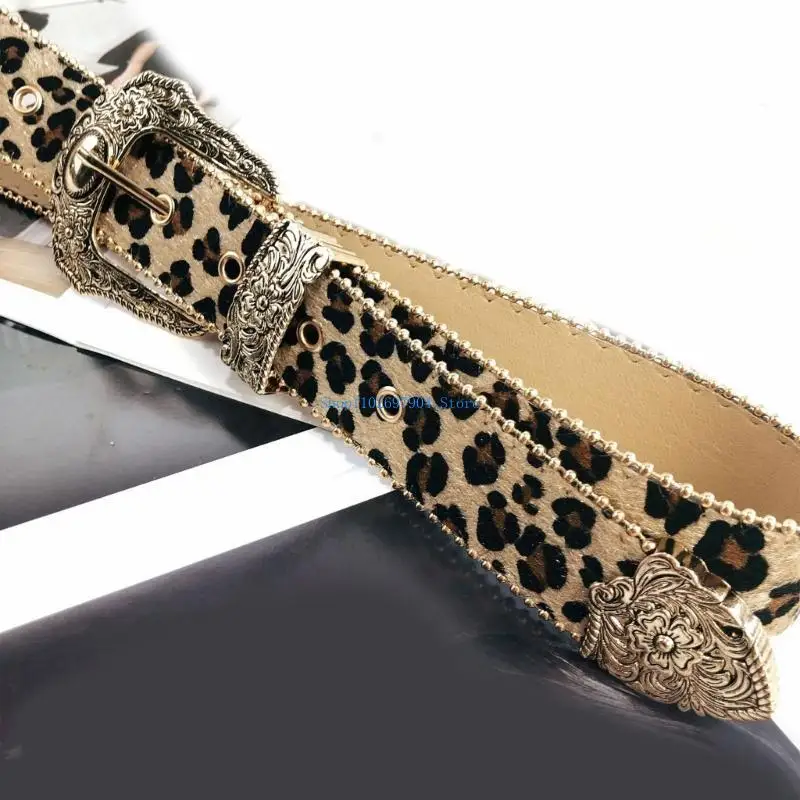 

N7YF Western Leopard Print Belt for Women with Beaded Trim Cowgirl Belt for Jeans Pants Girl 2000s Belt Decorative Waistband