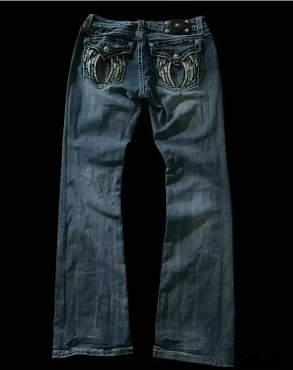 الشارع الشهير خمر الجينز Y2K الملابس النسائية خمر جيب الترتر غسلها الأزرق فضفاض الجينز منتصف الارتفاع سليم صالح بنطلون حجم S-2XL