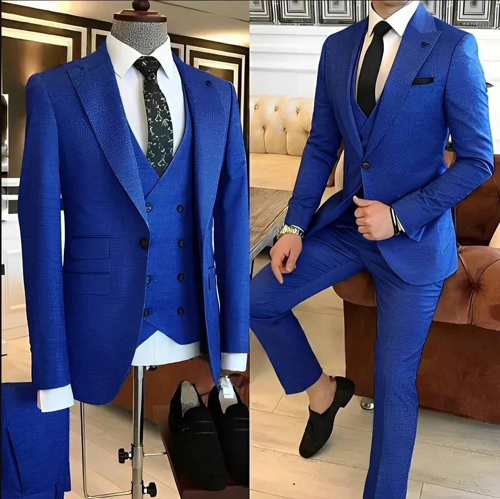

Premium Men Slim Fit Peak Lapel Formal Office Dinner Prom Groom Tuxedo Wedding Suit Jacket Vest Pants