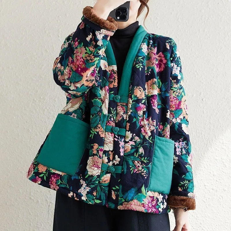 Trendy Women's Large Flowers Cotton Coat Winter Fleece Lining Loose Cotton Coat Outerwear Winter Ethnic Style Retro Cotton Coat