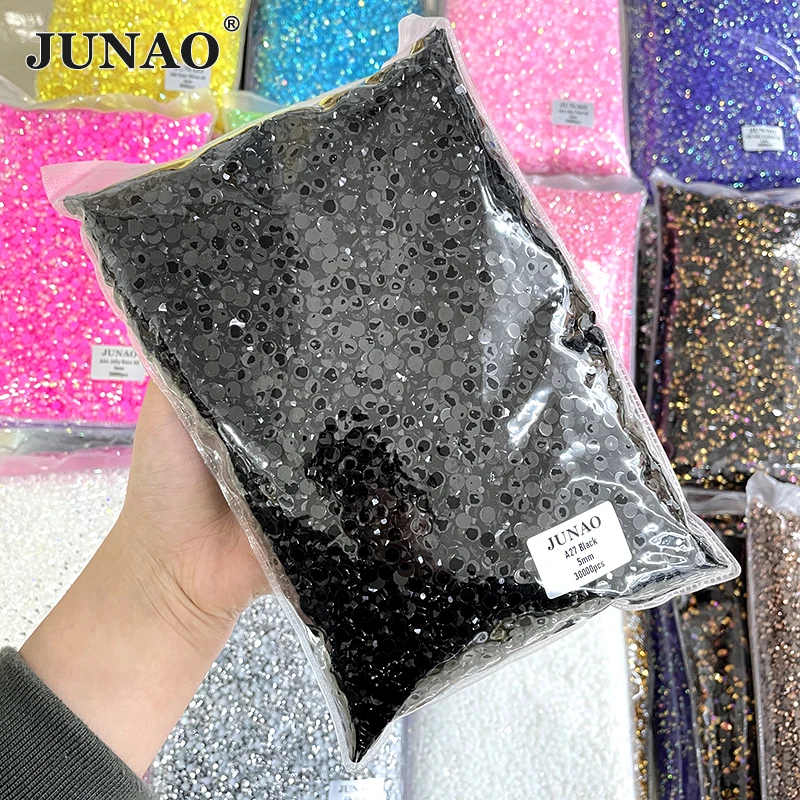 JUNAO 2mm 3mm 4mm 5mm 6mm Jelly Black Strass In Bulk Flatback Resin Crystal Stone Appliques Non Hot Fix Strass per fai da te