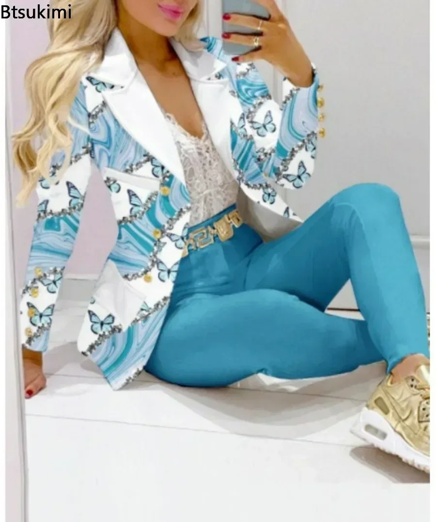 New 2024 Printted Two Pieces Sets for Women Slim Formal Office Pant Suits Elegant Jacket and Pants Sets Women Tracksuits 2PCS