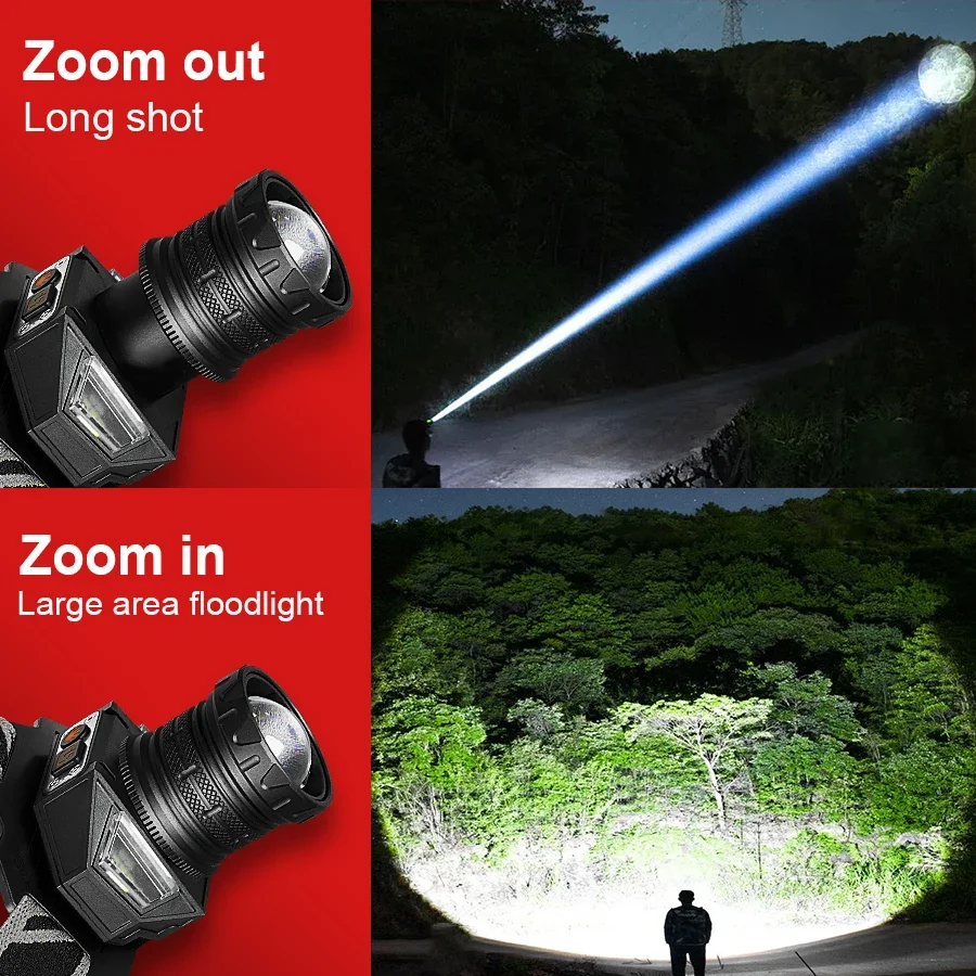 60000LM IR Sensor Powerful Headlamp Yellow Light Type-C Rechargeable Headlight 18650 Head Flashlight Fishing Lantern Head Lamp