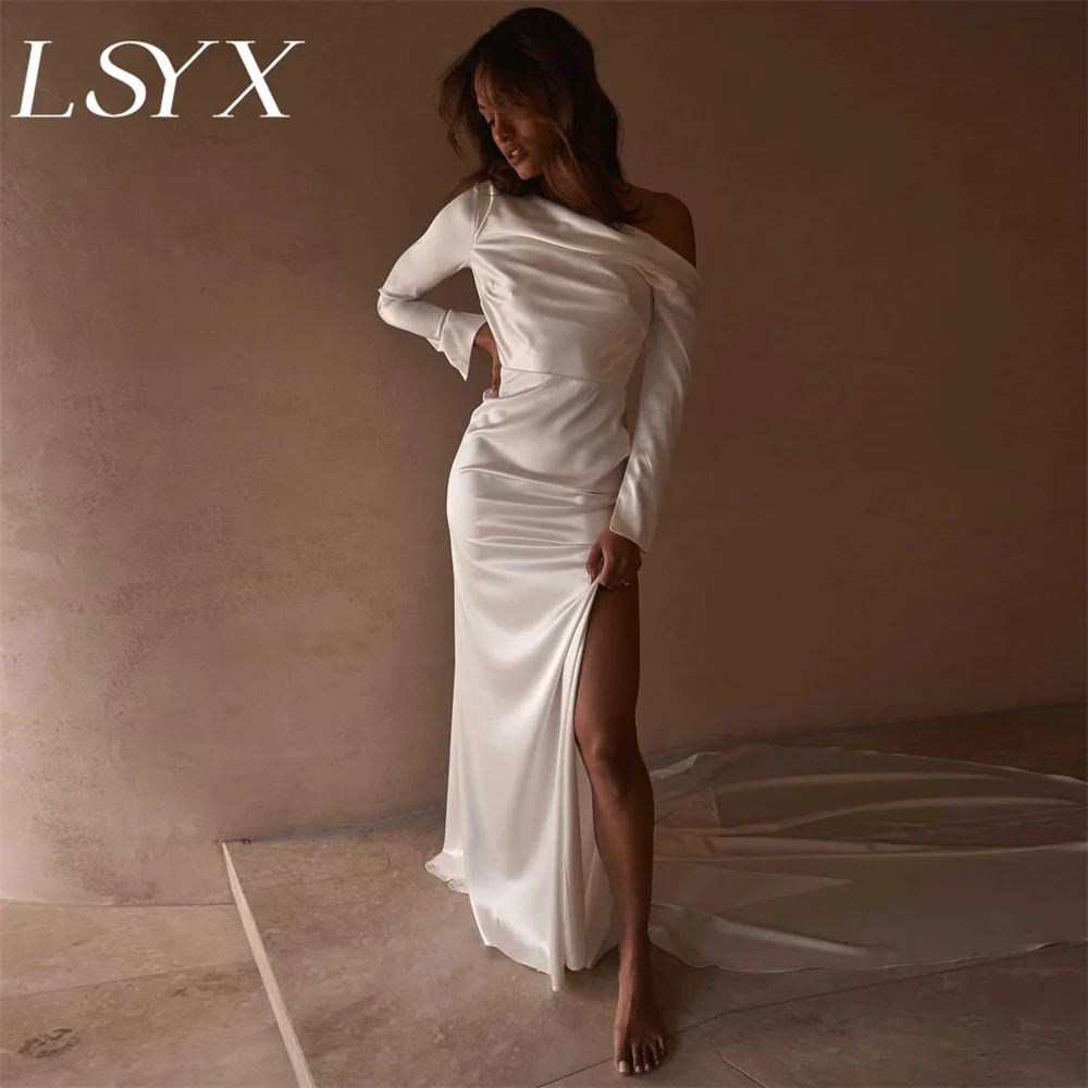 LSYX Sleeveless Simple One-Shoulder Long Sleeves Sheath Wedding Dress Soft Satin Open Back Floor Length Bridal Gown Custom Made