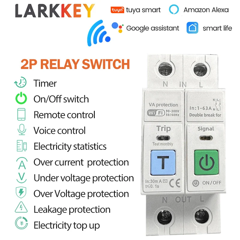 

2P TUYA WIFI Smart Circuit Breaker Voltage Current Protective MCB kWh Meter Remote Control With Electricity Statistics LARKKEY