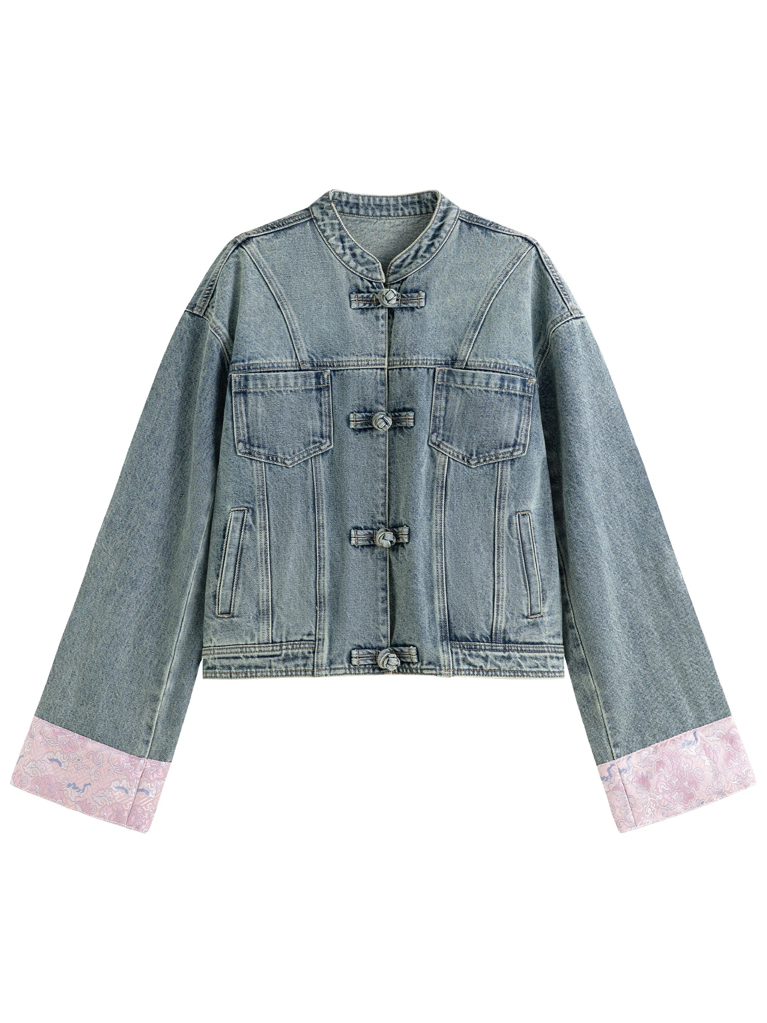 Fsle Nieuwe Chinese Stijl Satijnen Stiksel Retro Denim Jack Veelzijdige Casual Herfstkleding Voor Dames 2024 Nieuw Design Jack 24fs13013