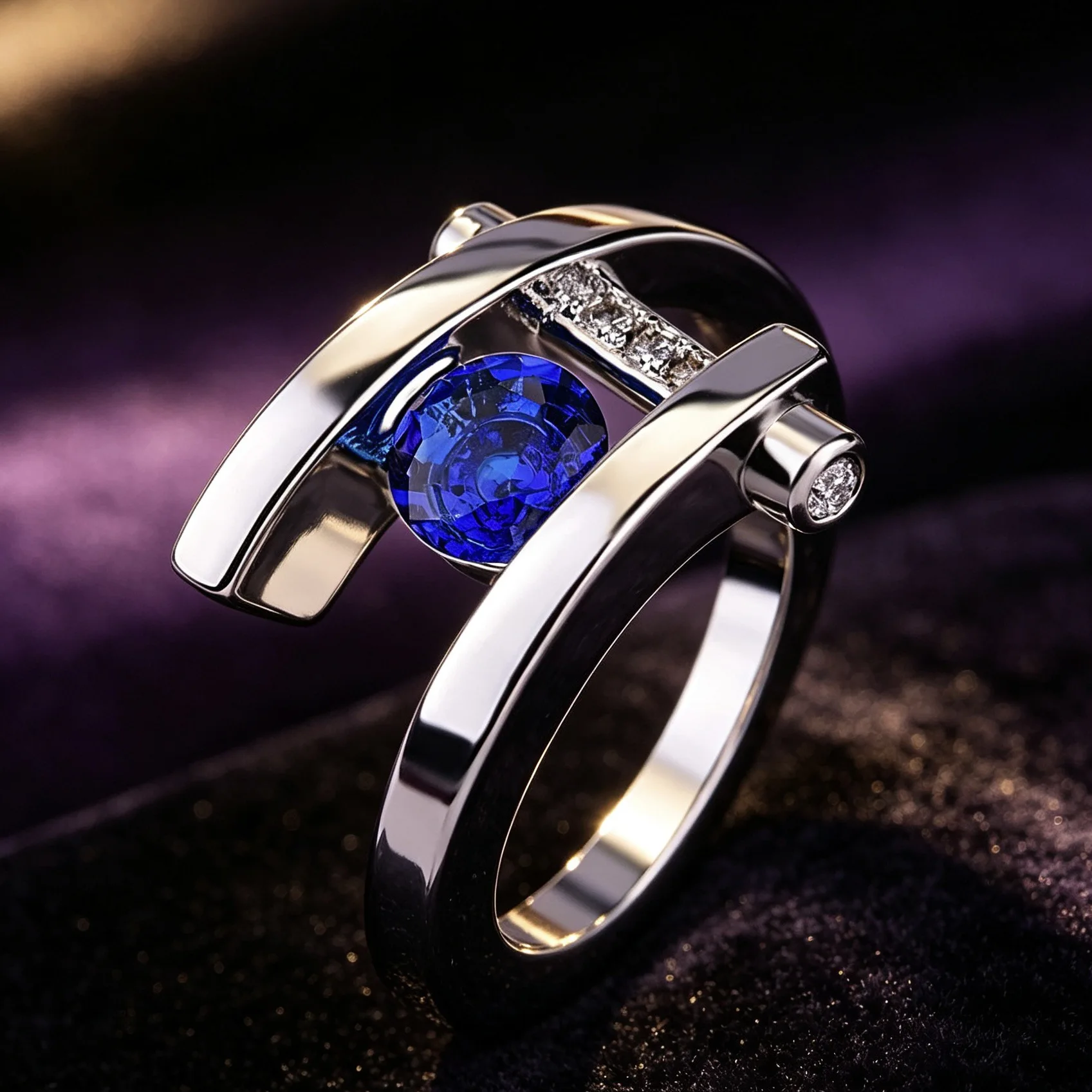 Modern Geometric Open Track Deep Blue Zircon Inlaid Ring, Hypoallergenic Minimalist Luxury Jewelry, Anniversary Birthday Gift