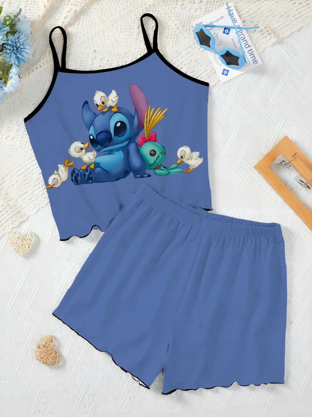 Women's Suit Home Dress T-shirt Lettuce Trim Disney Top Stitch Short Sets Pajama Skirt Pieces Elegant 2-piece Disney Slip Dress