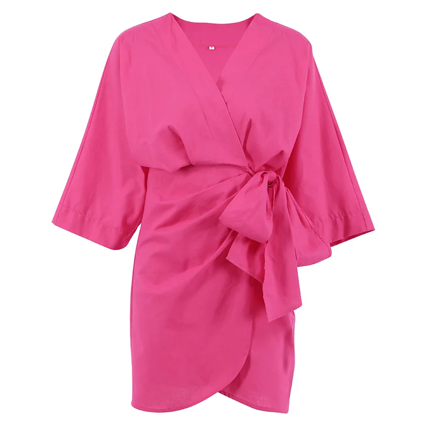 Vestido Casual de Verano para Mujer, Cuello en V, Manga Corta Tipo Farol, Dobladillo Irregular, Estilo Playero, Poliéster